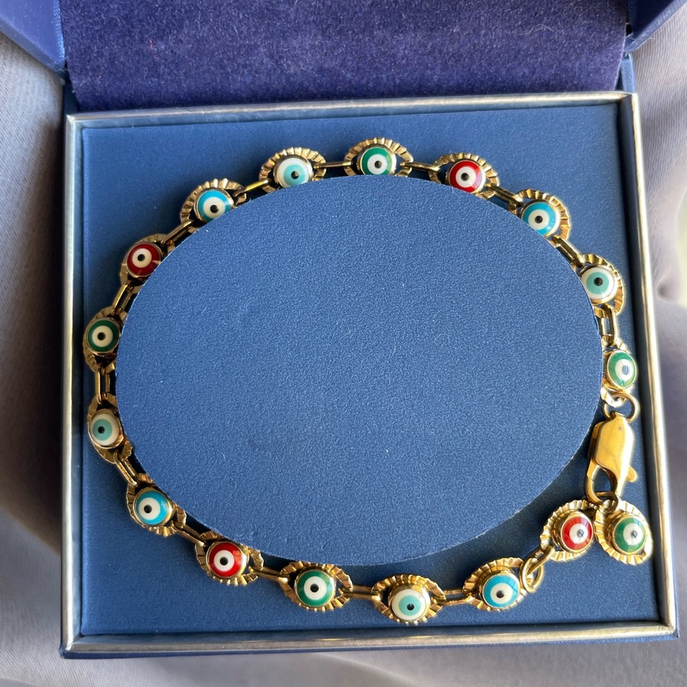 Multi-Colored Evil Eye Bracelet- Gold Link Chain Bracelet
